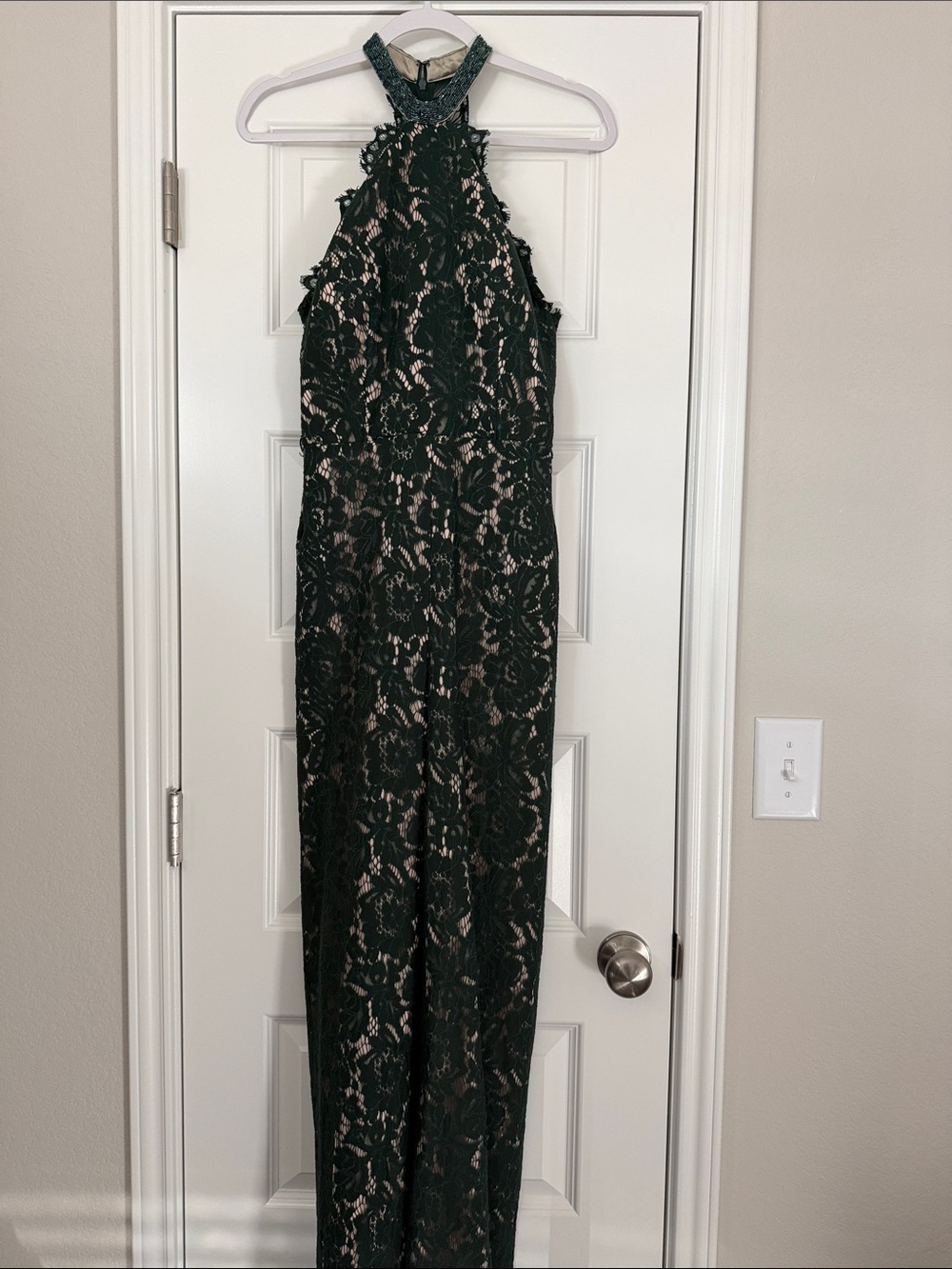 Sleeveless High Neck Lace Jumpsuit in Dark Green